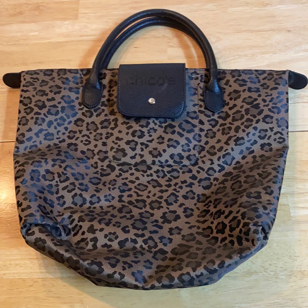 Chico’s Small Leo Roll Tote Leopard Travel Foldable Handbag Zipper Closure